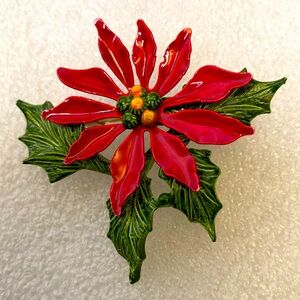 Vintage Brooch Enamel Red Green Christmas Poinsettia Flower Jacket Brooch Pin